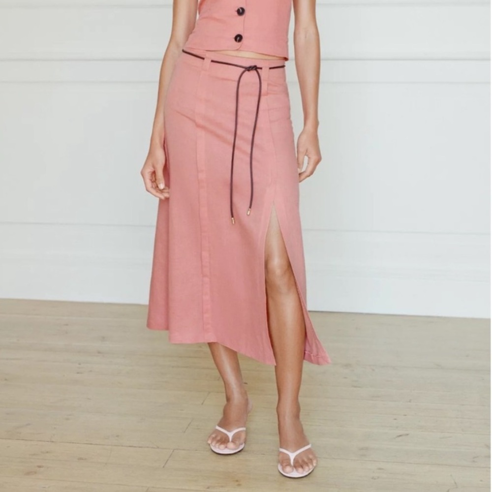 ZARA Pink linen High-Waist Midi Skirt with Tie Belt